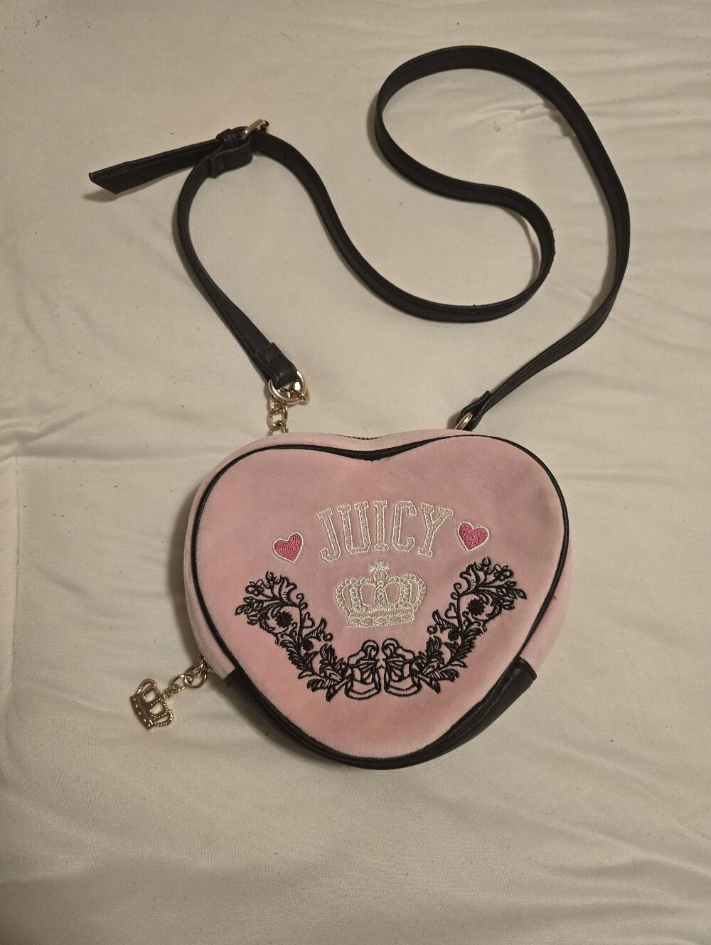 Juicy Couture Pink Heart Crossbody with Black Strap & Gold Accents